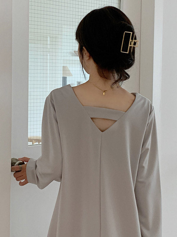 Hollow Solid Color A-Line Long Sleeves V-Neck Midi Dresses