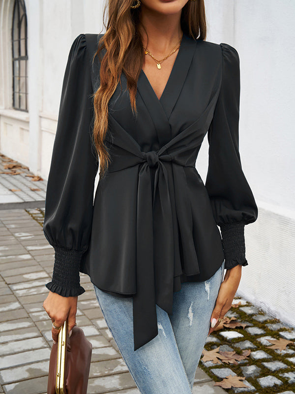 Elasticity Knot Solid Color Long Sleeves Loose V-Neck Blouses&Shirts Tops