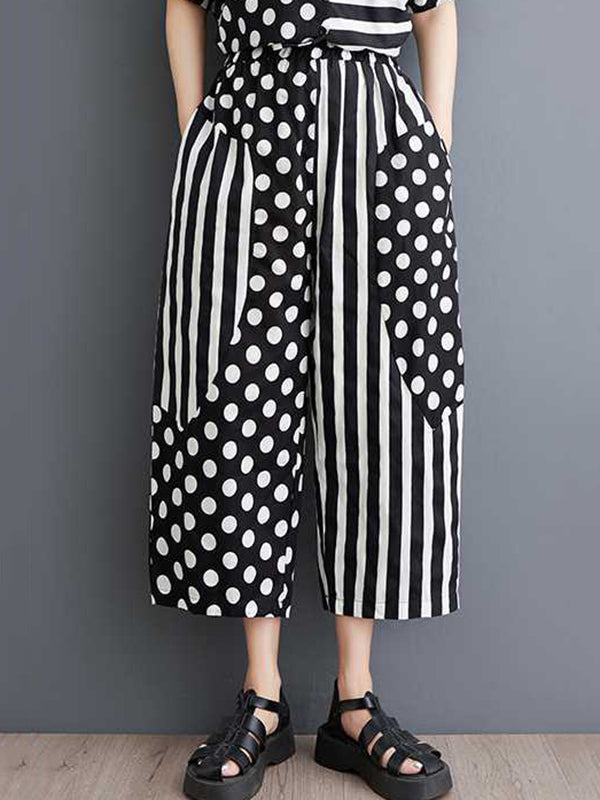 High-Low Asymmetric Half Sleeves Contrast Color Polka-Dot Split-Side Striped Lapel Blouses Top + Pants Bottom Two Pieces Set