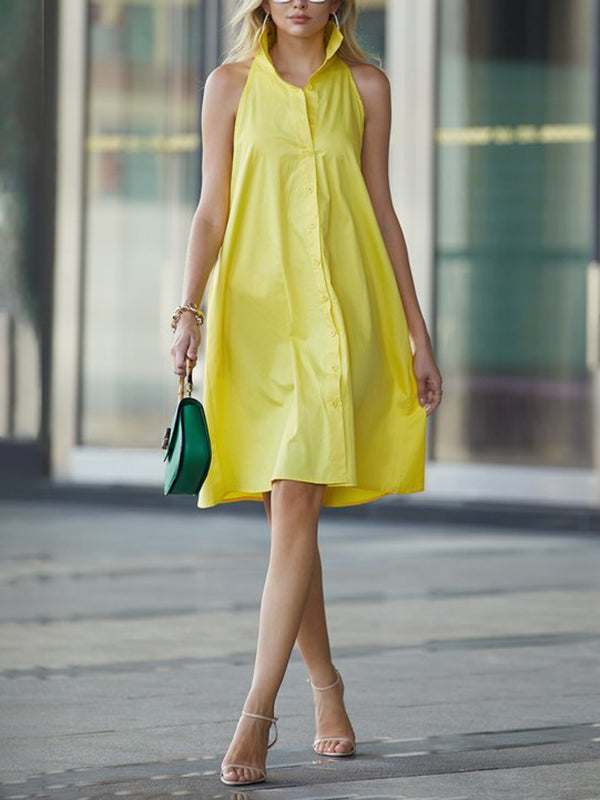 Buttoned Pockets Solid Color Loose Sleeveless Stand Collar Shirt Dress Midi Dresses