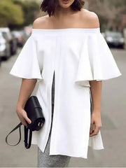 Elasticity Solid Color Split-front Split-side Flared Sleeves Half Sleeves Off-the-shoulder Blouses&shirts Tops