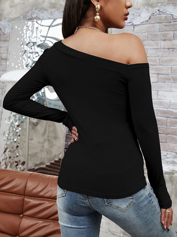 Solid Color Long Sleeves Skinny One-Shoulder T-Shirts Tops