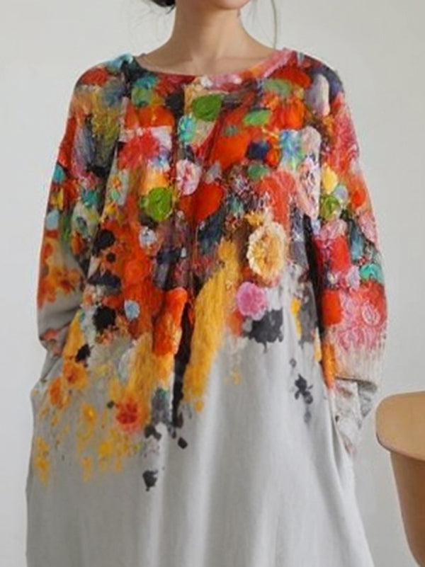 Printed Split-Joint Long Sleeves Loose Round-Neck Midi Dresses