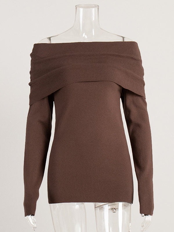 Solid Color Long Sleeves Loose Off-The-Shoulder Sweater Tops Pullovers