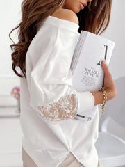 Mesh Solid Color Split-Joint Long Sleeves Loose Round-Neck T-Shirts Tops