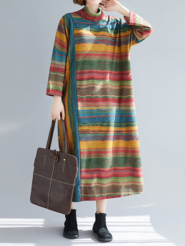 Asymmetric Striped A-Line Long Sleeves High Neck Midi Dresses