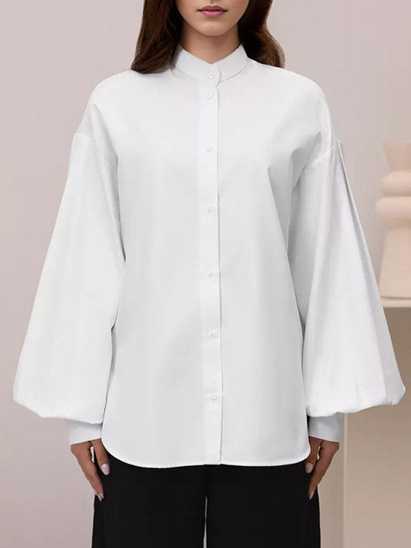 Pleated Solid Color Split-Joint Split-side Loose Puff Sleeves Stand Collar Blouses