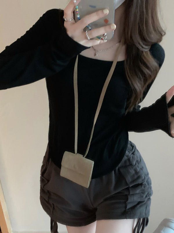 Solid Color Long Sleeves Skinny Square-Neck T-Shirts Tops