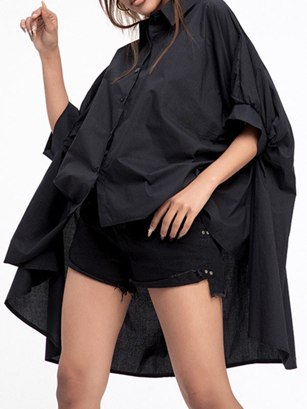 Solid Color Batwing Sleeves High-Low Lapel Blouses&Shirts Tops