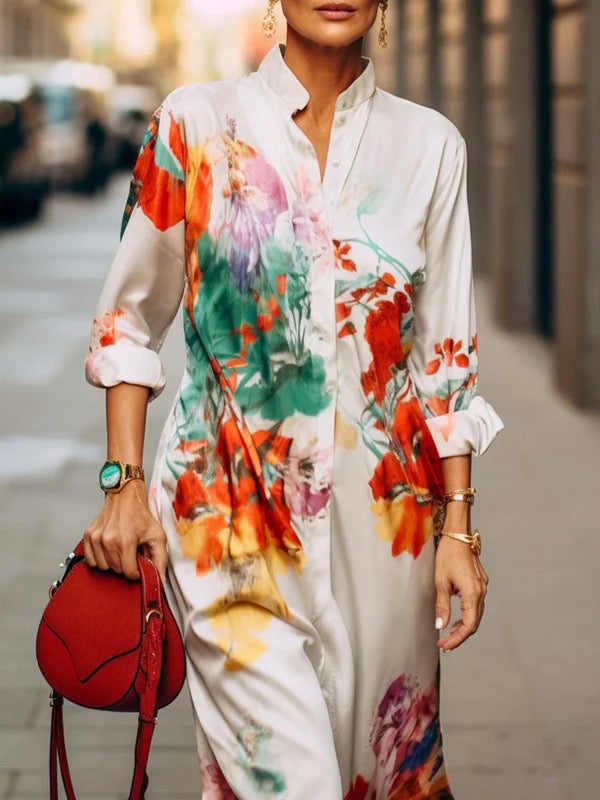 Buttoned Contrast Color Flower Print Long Sleeves Loose Stand Collar Shirt Dress Midi Dresses