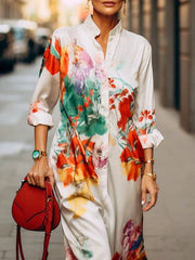 Buttoned Contrast Color Flower Print Long Sleeves Loose Stand Collar Shirt Dress Midi Dresses