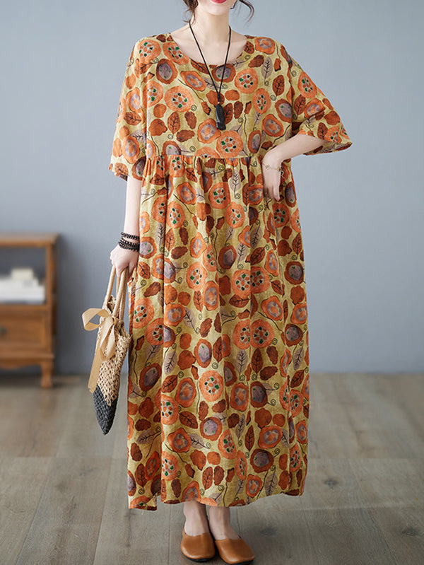 Pleated Split-Joint Batwing Sleeves Loose Round-Neck Midi Dresses