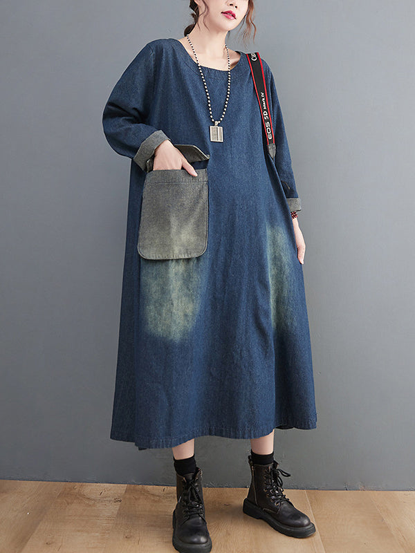 Artistic Retro Loose Denim Applique Round-Neck Long Sleeves Midi Dress