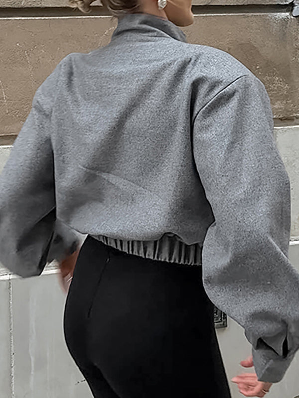 Elasticity Solid Color Long Sleeves Loose Stand Collar Woolen Coat