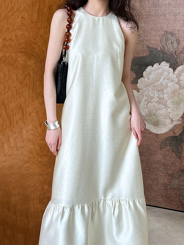 Pleated Solid Color Split-Joint Loose Sleeveless Round-Neck Maxi Dresses