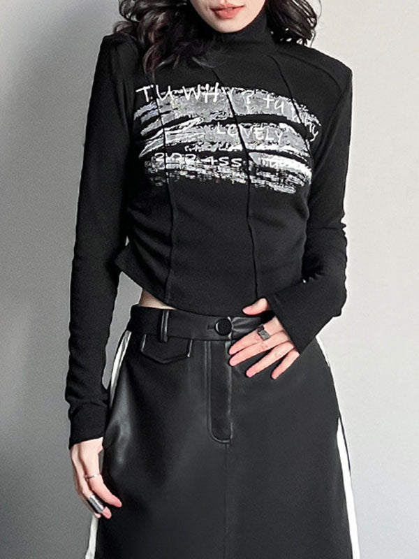 Letter Print Shoulder Pad Long Sleeves Skinny High Neck T-Shirts Tops