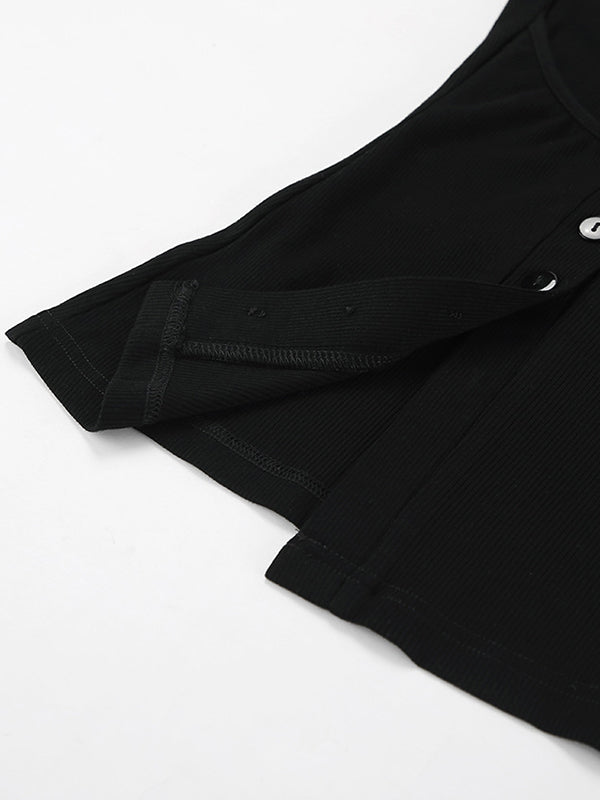 Asymmetric Buttoned Hollow Solid Color Split-Joint False Two Long Sleeves Round-Neck T-Shirts Tops