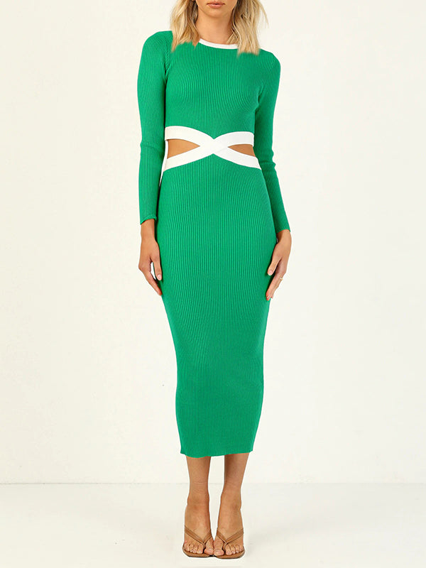 Hollow High Waisted Long Sleeves Round-Neck Midi Dresses