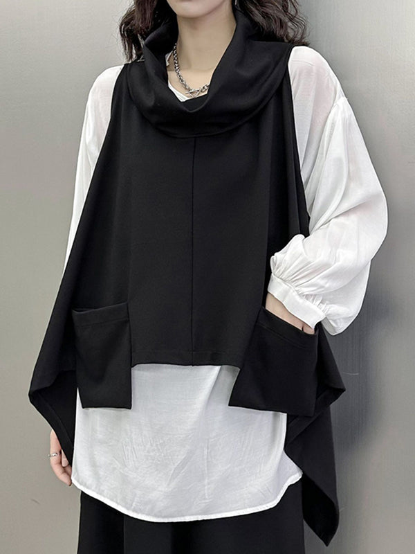 Pockets Solid Color Irregularity Loose Heaps Collar Vest Top T-Shirts