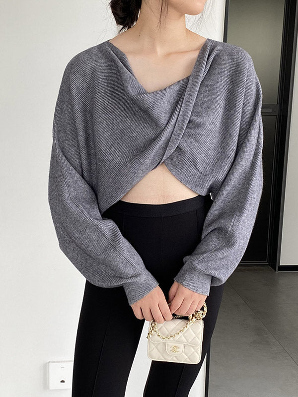 Knot Solid Color Batwing Sleeves Long Sleeves V-Neck Sweater Tops Pullovers