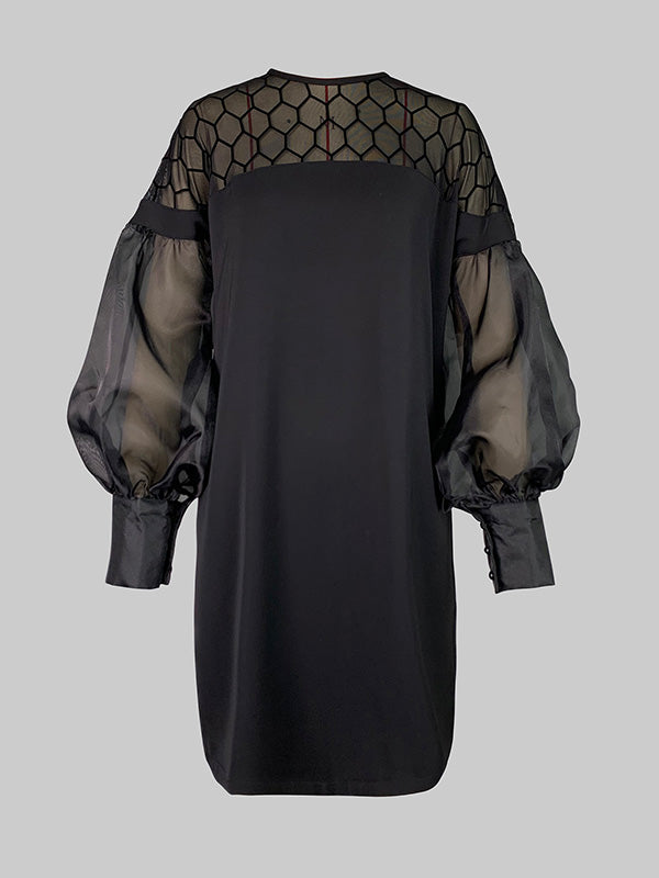 Hollow Solid Color Split-Joint Long Sleeves Loose Round-Neck Mini Dresses