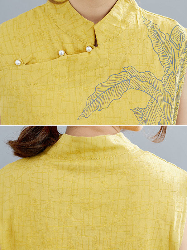 Artistic Retro Chinese-Style Printed Buttoned Stand Collar Sleeveless Vest
