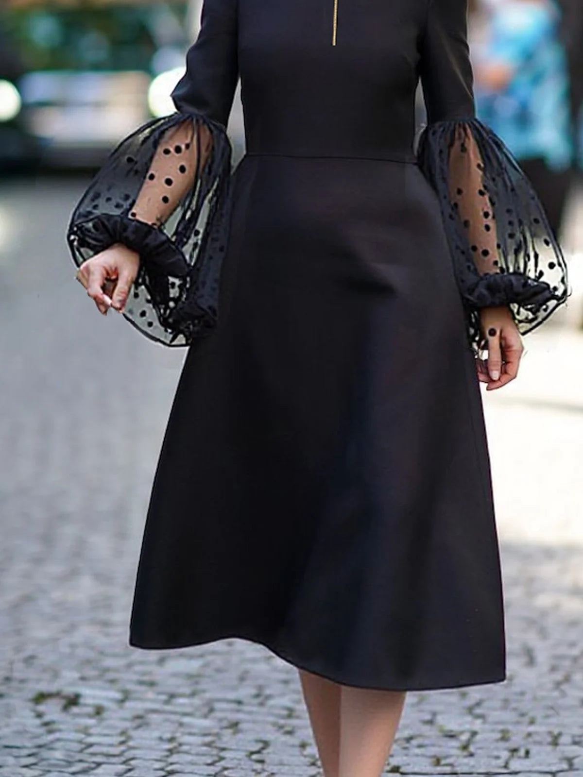 Mesh Patchwork Polka-Dot Split-Joint Zipper A-line Long Sleeves Round-neck Midi Dresses