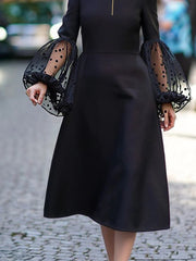 Mesh Patchwork Polka-Dot Split-Joint Zipper A-line Long Sleeves Round-neck Midi Dresses