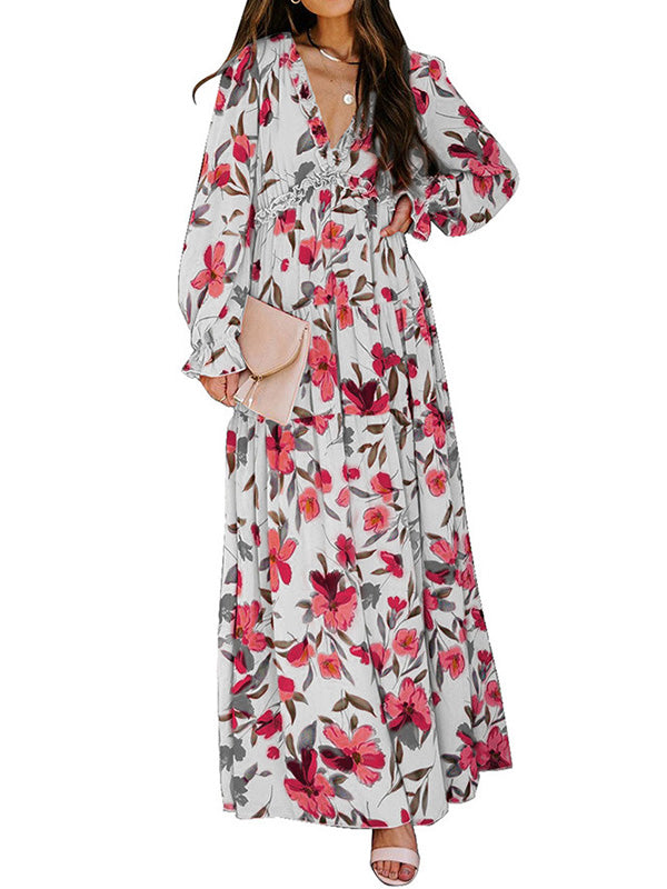 Flower Print Pleated Ruffled High Waisted Long Sleeves V-Neck Maxi Dresses