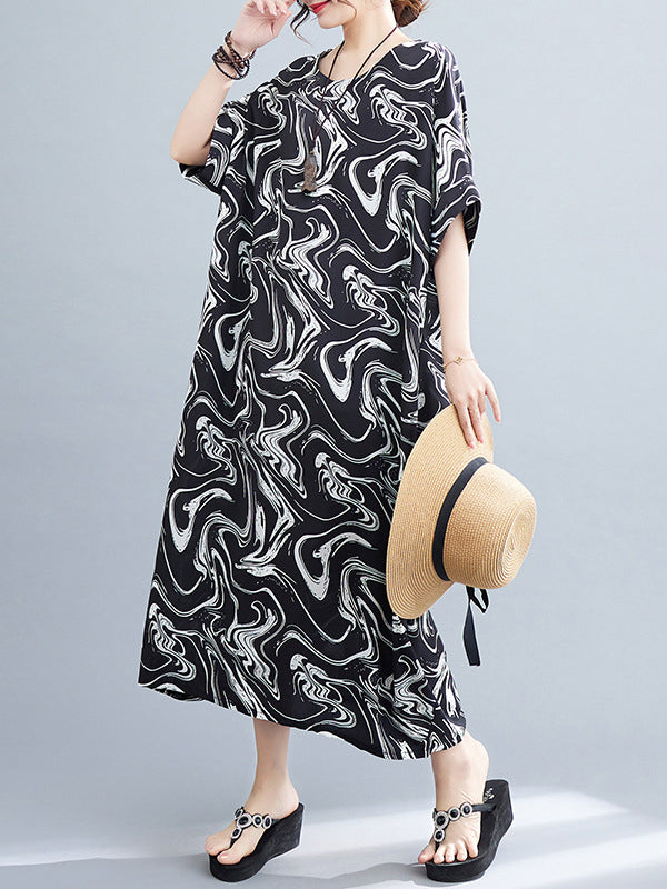 Printed Loose Short Sleeves Round-Neck Midi Dresses
