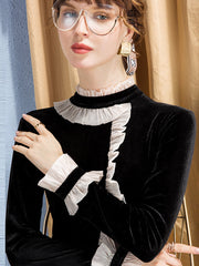 Asymmetric Contrast Color Split-Joint Long Sleeves Ruffle Sleeves Half Turtleneck T-Shirts Tops