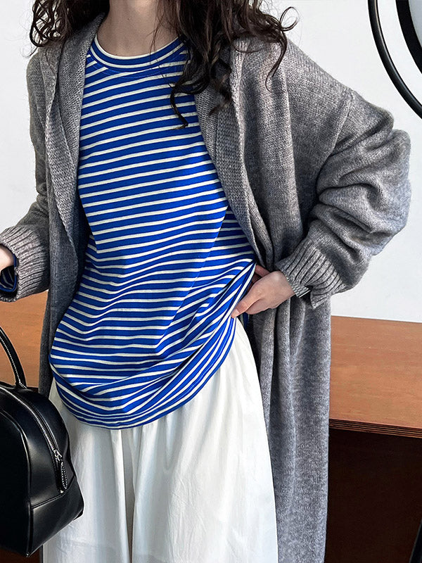 Contrast Color Striped Long Sleeves Loose Round-neck Sweatshirt Tops