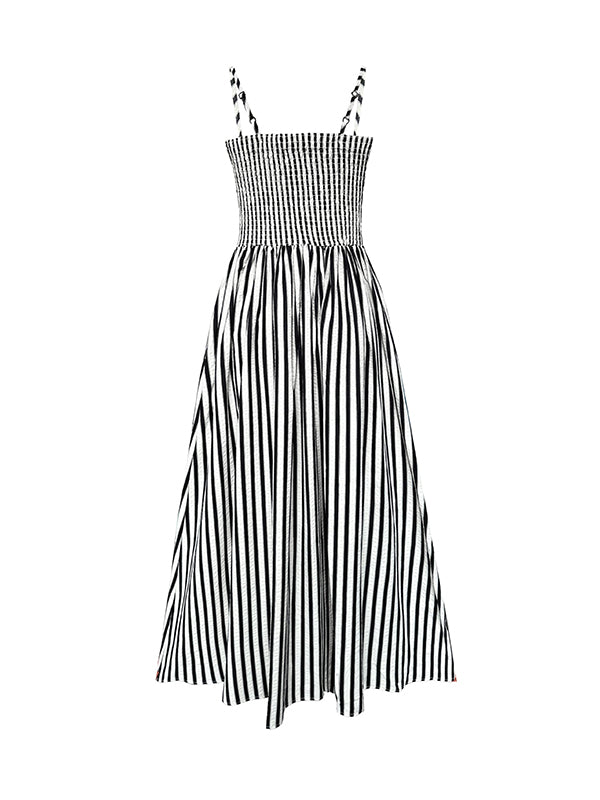 Pleated Split-Joint Striped Loose Sleeveless Spaghetti-Neck Midi Dresses