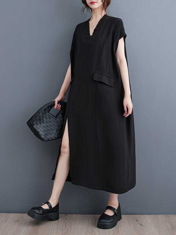 Solid Color Split-Front Split-Joint A-Line Loose V-Neck Midi Dresses