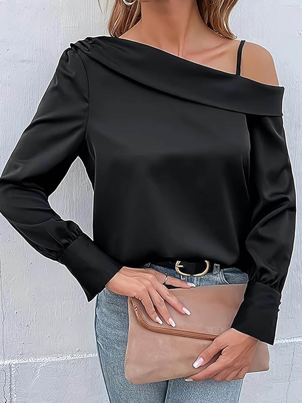 Asymmetric Solid Color Long Sleeves Loose One-Shoulder T-Shirts Tops