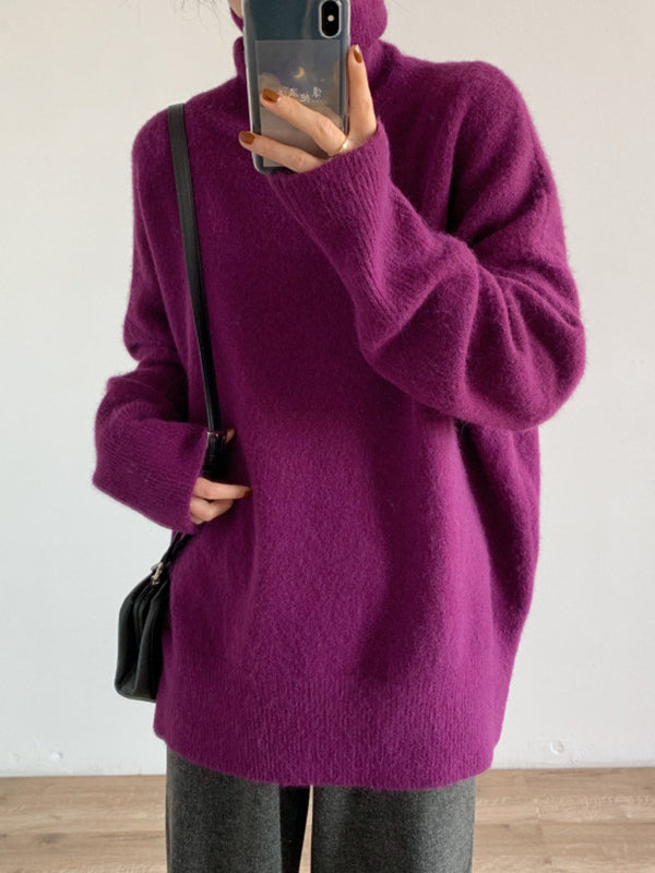 Solid Color Split-Joint Split-Side Long Sleeves Loose High Neck Sweater
