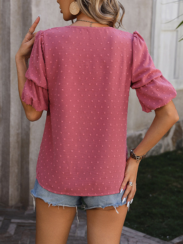 Jacquard Solid Color Puff Sleeves Wrap V-Neck T-Shirts Tops