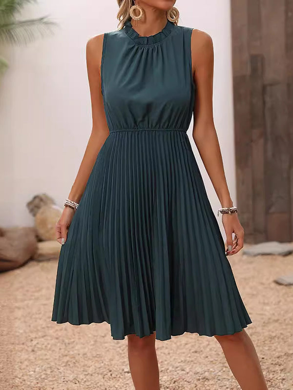 Elasticity Pleated Solid Color Split-Joint A-line Loose Mock Neck Midi Dresses