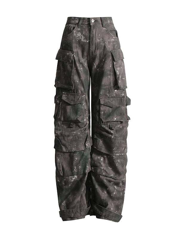 Pockets Split-Joint Tie-Dyed Loose Trousers Pants