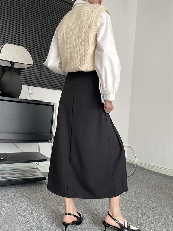 Pleated Solid Color Split-Joint A-Line High Waisted Skirts