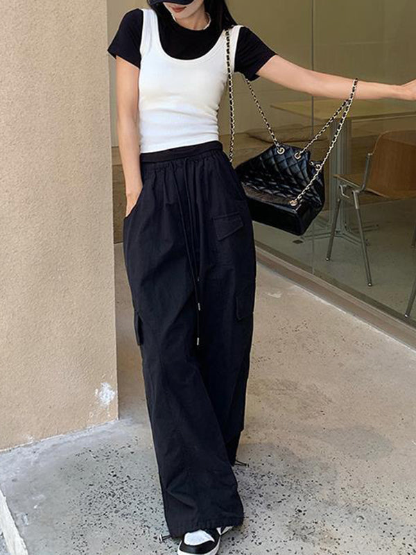 Drawstring Elasticity Pockets Solid Color Split-Joint High Waisted Loose Trousers Pants