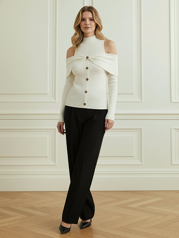 Long Sleeves Skinny Buttoned Pleated Ribbed Knit Cold Shoulder Knit Top