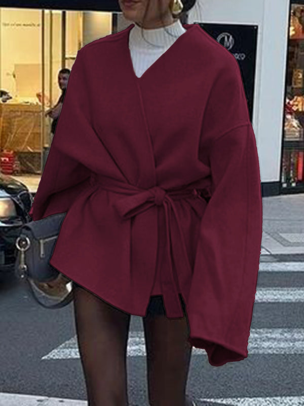 Solid Color Tied Waist Long Sleeves Loose V-Neck Outerwear