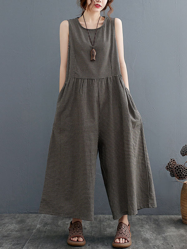 Plaid Split-Joint Loose Sleeveless Round-neck Jumpsuits