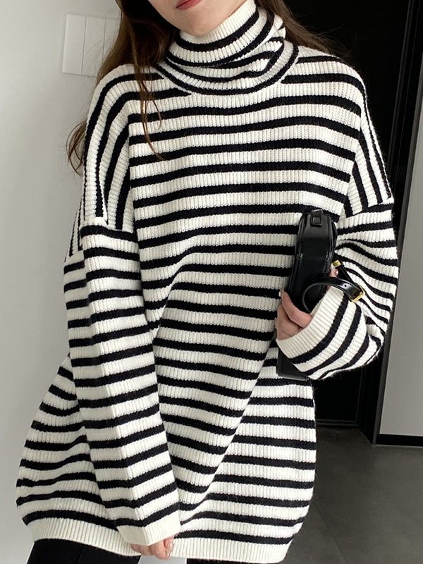 Striped Long Sleeves Loose High-Neck Sweater Pullovers Knitwear