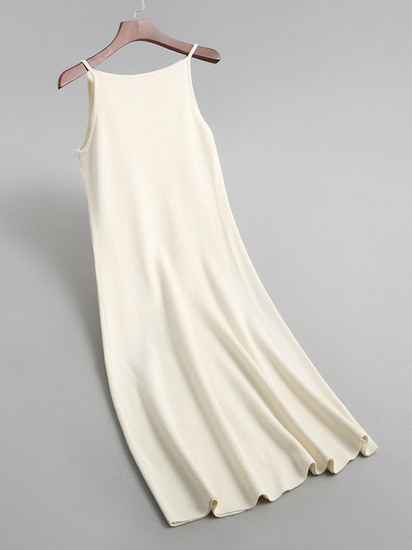Solid Color A-Line High Waisted Spaghetti-Neck Midi Dresses