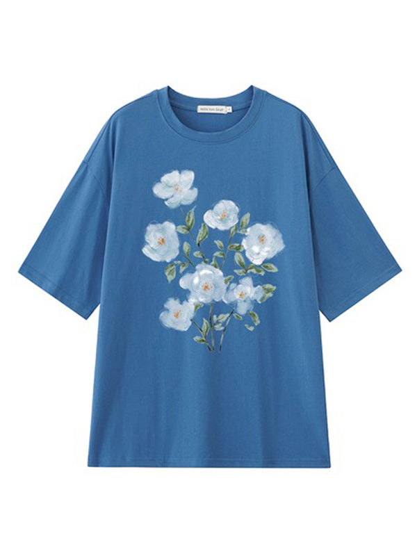 Casual Loose Round-Neck Floral Printed T-Shirt