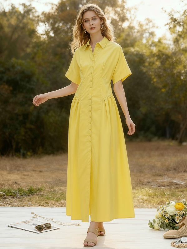 Loose Short Sleeves Buttoned Pleated Solid Color Lapel Collar Midi Dresses Shirt Dress