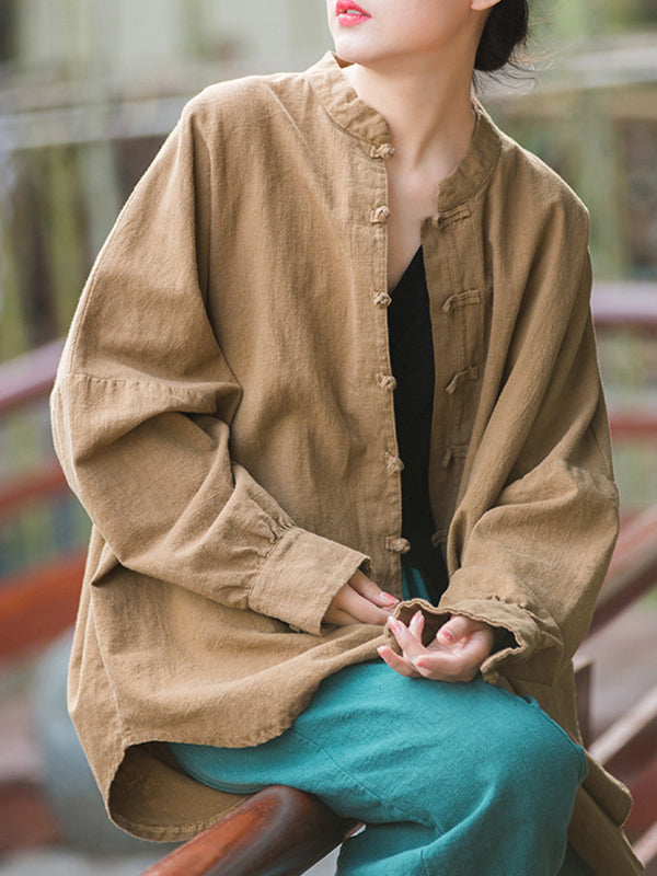 Chinese Frog Buttons Pleated Solid Color Split-Joint Batwing Sleeves Loose Stand Collar Blouses