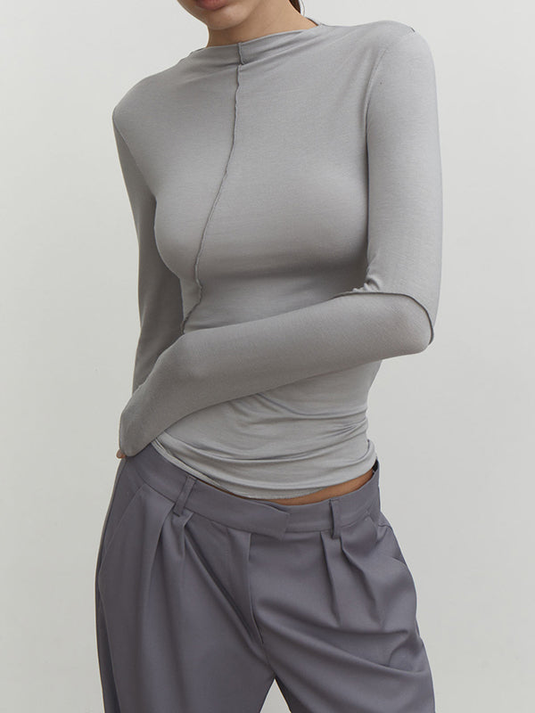 Asymmetric Solid Color Long Sleeves Skinny Mock Neck T-Shirts Tops